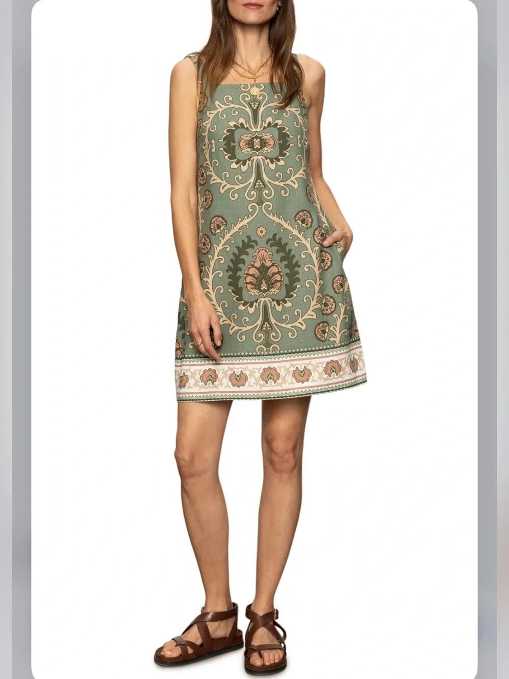 Sanctuary Tapestry Pattern Rayon Linen Shift Dress in Mezzo Sage NEW